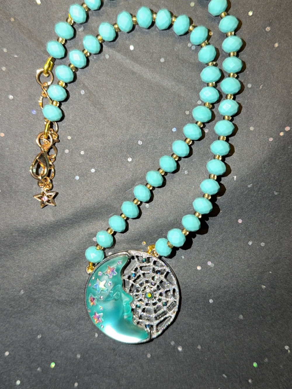 Kirks Folly Turquoise Bead Moon & Web Pendant Necklace